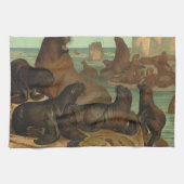  Zee leeuwen op strand, zeedier Theedoek (Horizontaal)