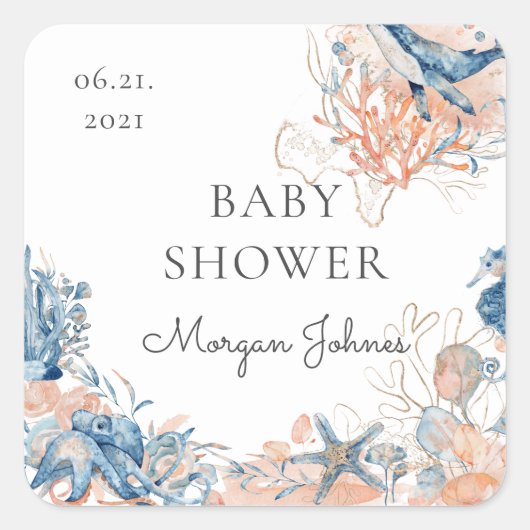 zee leven koraal Baby shower monogram Vierkante Sticker (Voorkant)