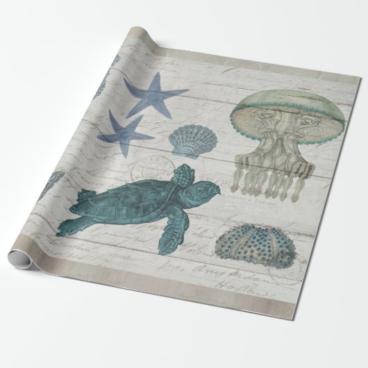  Zee Life Coral Turtle Starfish Decoupage Cadeaupapier (Uitgerold)
