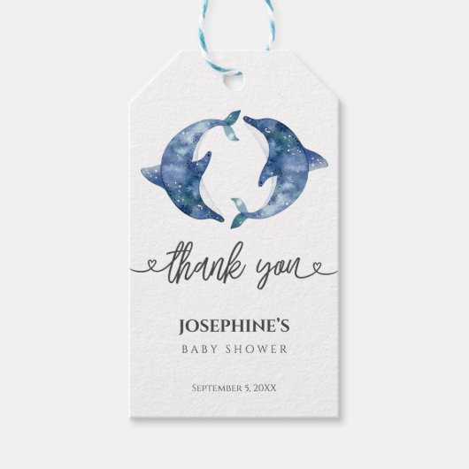 Zee Life Dolphin Twins Baby shower gunst Cadeaulabel (Voorkant)