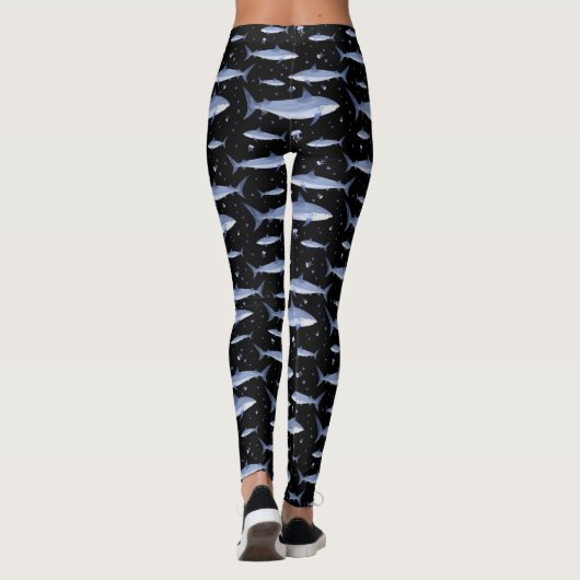 Zee Life Shark Jellyfish Waterverf Patroon Zwart Leggings (Achterkant)