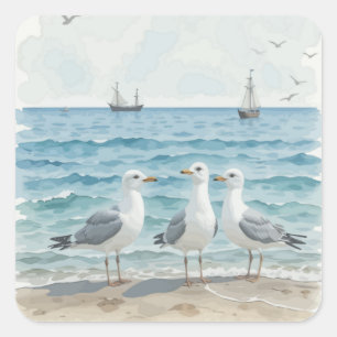 Zee Meeuwen Zeezijde Oceaan Strand Vogel Dier Kuns Vierkante Sticker