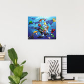Zee met mermaid Riding Turtle Poster (Thuiskantoor)