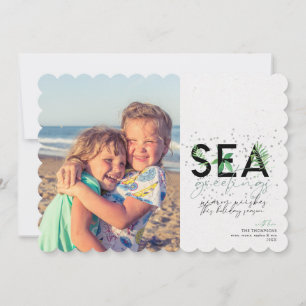 Zee met modern strand Groeten met groen kerstfeest Feestdagenkaart