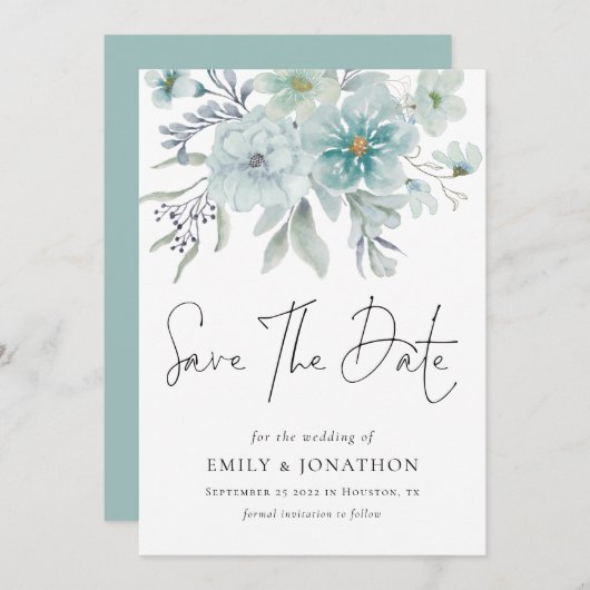Zee Mist Blauwgroen Florals QR Code Weddenschap Save The Date (Voorkant / Achterkant)