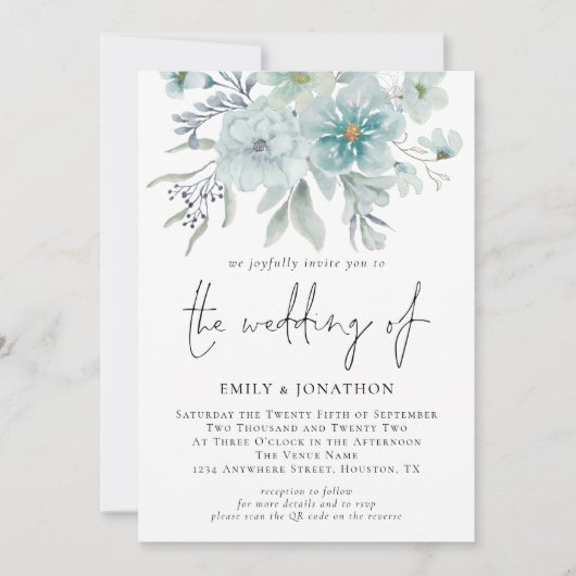 Zee Mist Waterverf Florals QR Code Weddenschap Kaart (Voorkant)