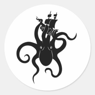 Zee Monster Blue en Black Kraken met schip Ronde Sticker
