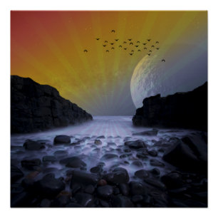 ZEE OEVER ROTS KUST ANTIQUE MAAN ZONSONDERGANG NAT PERFECT POSTER