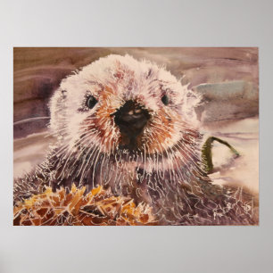 Zee Otter in Kelp Waterverf Artwork Canvas Afdrukk Poster