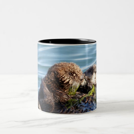Zee Otter moeder en jongen met kelp Tweekleurige Koffiemok (Center)