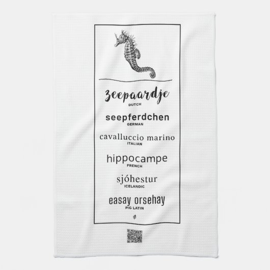 Zee paard in verschillende talen theedoek (Verticaal)