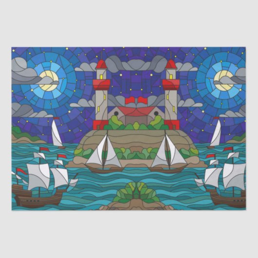 Zee Red Lighthouse Sailing Ships Shore Starry Sky Tissuepapier (Voorkant)