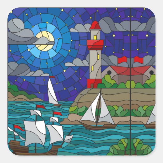 Zee Red Lighthouse Sailing Ships Shore Starry Sky Vierkante Sticker (Voorkant)