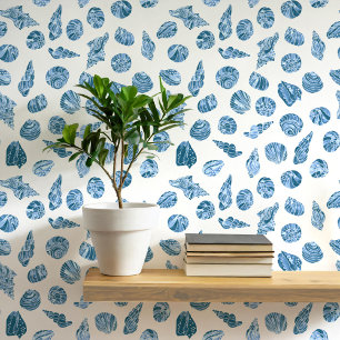 Zee Schelp Maritiem Kust Blauw en Wit Behang