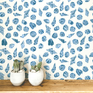 Zee Schelp Maritiem Kust Blauw en Wit Behang