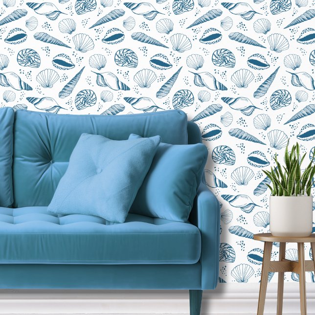 Zee Schelp oceaan strand blauw wit Behang (Blue and white coastal beach vibe, seashell wallpaper.)