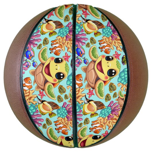 Zee Schildpad Baby Gelukkig en schattig personage Basketbal (Verticaal)