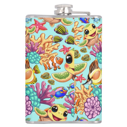 Zee Schildpad Baby Gelukkig en schattig personage Heupfles (Achterkant)