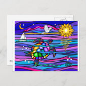 Zee schildpad (blauw / roze) briefkaart (Voorkant / Achterkant)