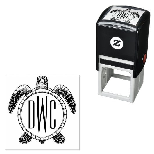 Zee Schildpad Buikzicht 3 Initialen Monogram #2 Zelfinktende Stempel (In situ)