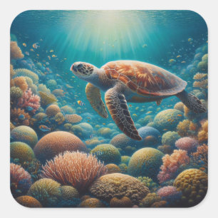 Zee Schildpad en Koraal Vierkante Sticker