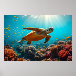 Zee schildpad en vele kleine vissen onder water poster