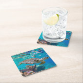 Zee schildpad en vis vierkante kartonnen onderzetter (Insitu)