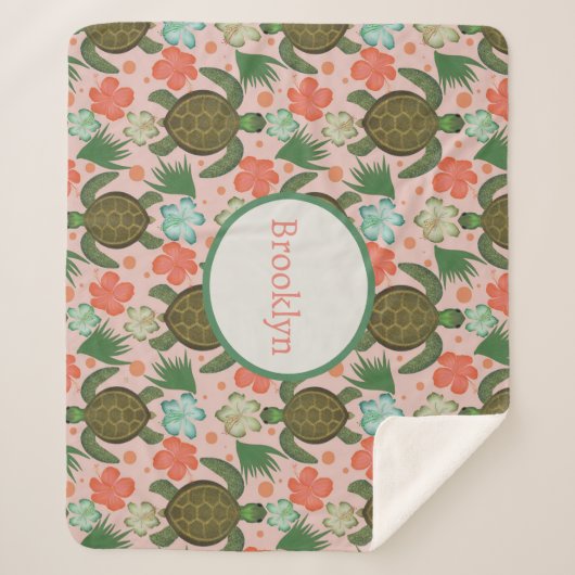Zee Schildpad & Hibiscus Blush Roze Bloemenkwekeri Sherpa Deken (Voorkant)