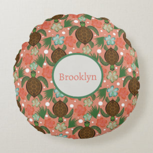 Zee Schildpad & Hibiscus Koraal Roze Bloemenkweker Rond Kussen