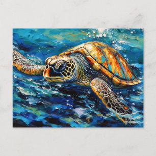 Zee Schildpad in Expressieve Oliepenseelstreken Briefkaart