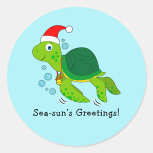 Zee schildpad in Santa Hat Ocean Kerstmis Ronde Sticker