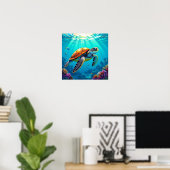 Zee Schildpad Levendige Oceaan Illustratie Poster (Thuiskantoor)