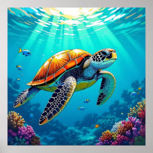 Zee Schildpad Levendige Oceaan Illustratie Poster