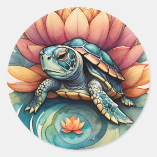Zee Schildpad Lotus Bloemenkunst Schildpadden Natu Ronde Sticker