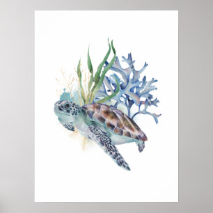 Zee schildpad onder de Waterverf Zee Poster