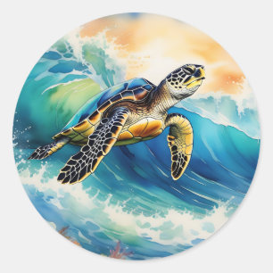 Zee Schildpad Rijden op een Vibrant Wave Waterverf Ronde Sticker