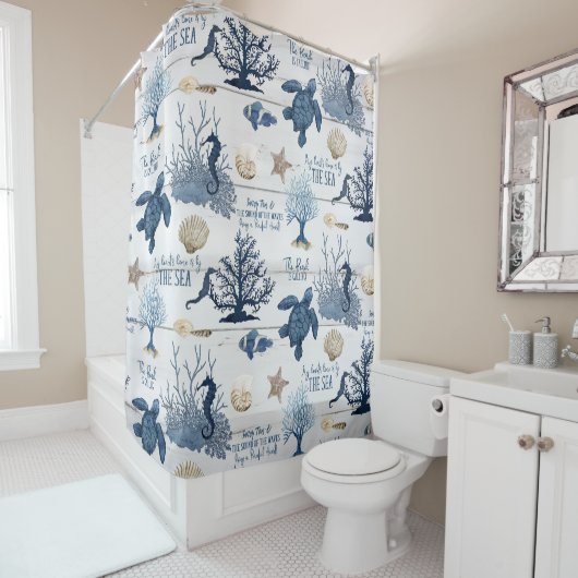 Zee Schildpad Seahorse Beach Blauw Rustieke Waterv Douchegordijn (In situ)