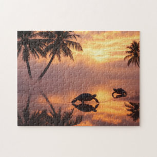 Zee schildpad zonsondergang bij het strand legpuzzel