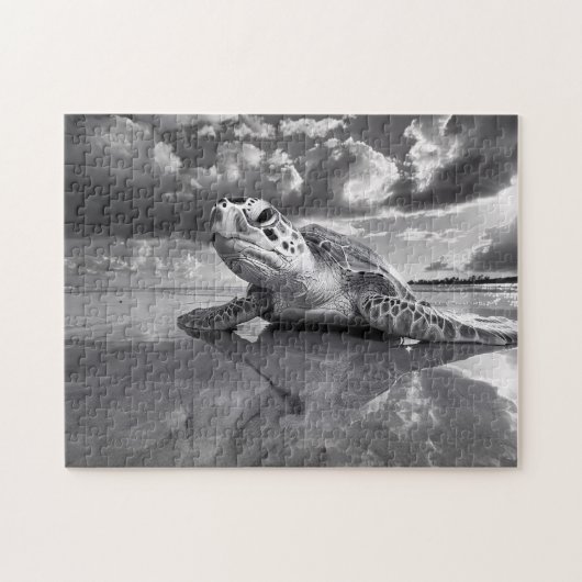 Zee Schildpad Zwart-wit kunst Legpuzzel (Horizontaal)