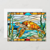 Zee Schildpad Zwemt in de Oceaan in Glas in Lood Briefkaart (Voorkant / Achterkant)