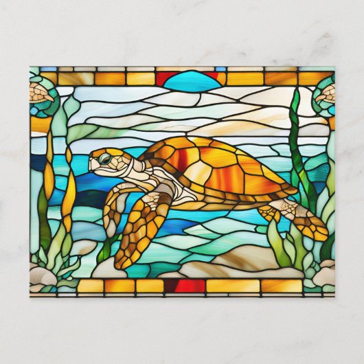 Zee Schildpad Zwemt in de Oceaan in Glas in Lood Briefkaart (Voorkant)