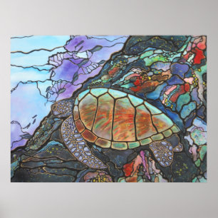 Zee schildpad zwemt met koraalrif poster