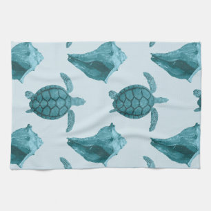 Zee, schildpadden en conch in Aqua/Blue Tones Theedoek