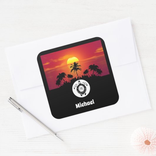 Zee Schroefschildpad Monogram Naam Markering Foto Vierkante Sticker (Envelop)