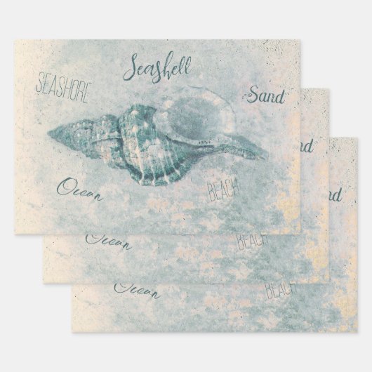 Zee Shell Blauwgroen Beige  Ocean Beach Script Inpakpapier Vel (Set)