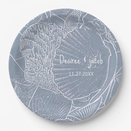 Zee Shell Dusty Blue Coastal Beach Papieren Bordje (Voorkant)