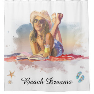 *~* Zee Shore Beach Young Girl Sun bathe AR29 Douchegordijn