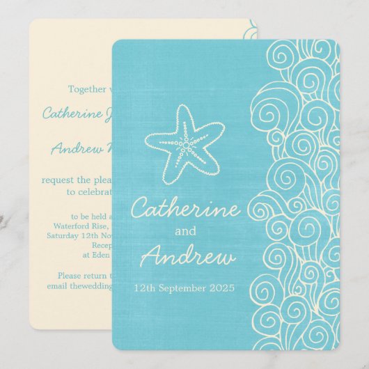 Zee Star Swirl Blue Cream Beach bruiloft uitnodigi Kaart (Voorkant / Achterkant)