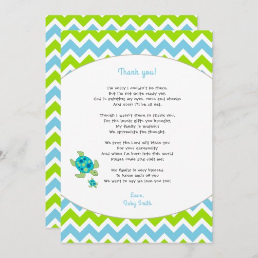Zee Turtle baby shower dank u, noot + gedicht Bedankkaart (Voorkant / Achterkant)