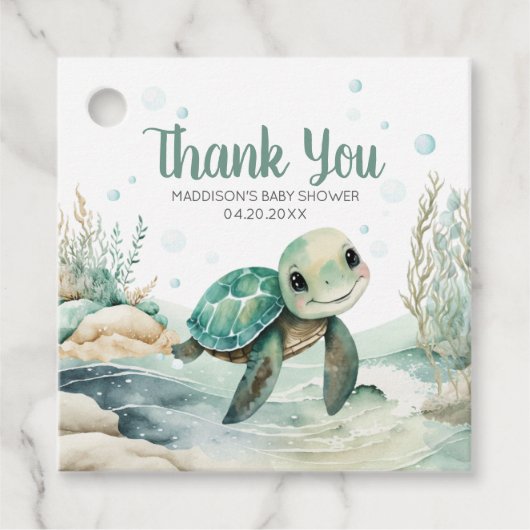 Zee Turtle Baby shower Square Bedankjes Labels (Voorkant)